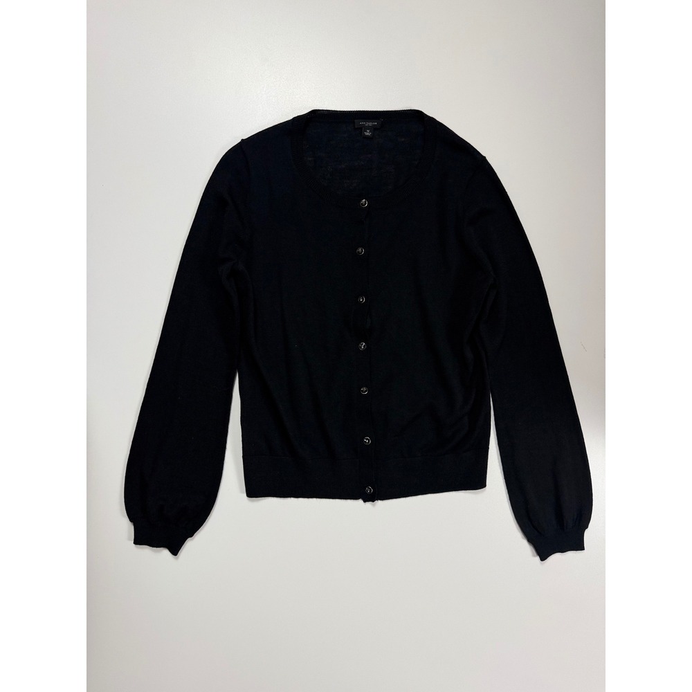 Ann Taylor Black Extrafine Merino Wool Button Front Cardigan Sweater Womens M